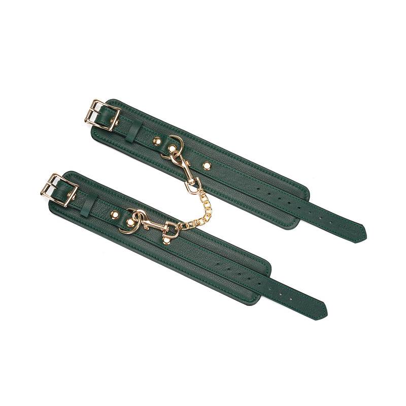 Mossy Chic Leather Ankle Cuffs with gold buckles and removable chain for bondage play
