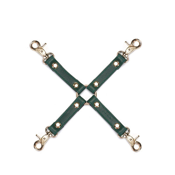 Mossy Chic green leather hogtie with gold quick-release clips, designed for bondage play and full-body immobilization