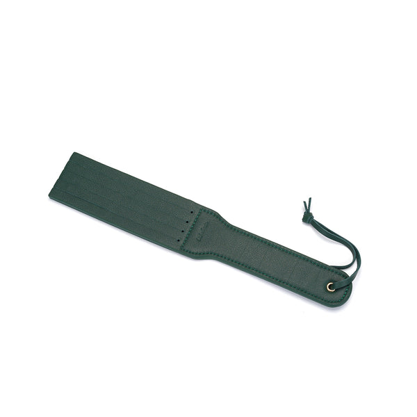 Mossy Chic Dual Sensation Leather Spanking Paddle, green with wrist strap, for diverse impact play in bondage kit