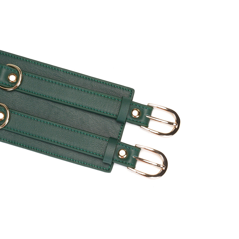 Mossy Chic leather bondage waist belt with gold buckles and D-rings for BDSM play