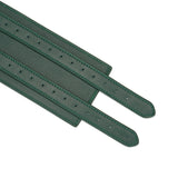 Close-up of Mossy Chic green leather bondage waist belt with adjustable holes for BDSM play