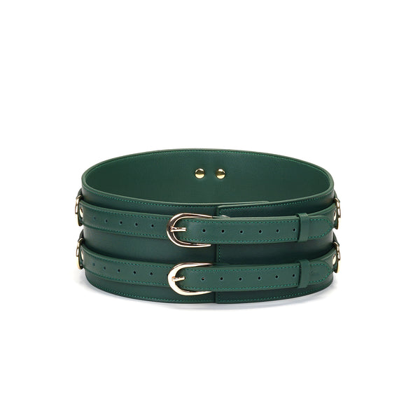 Mossy Chic green leather bondage waist belt with gold buckles and attachment D-rings, ideal for BDSM play