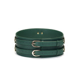 Mossy Chic Leather Bondage Waist Belt designed for BDSM play with gold buckles and D-ring attachments on green leather