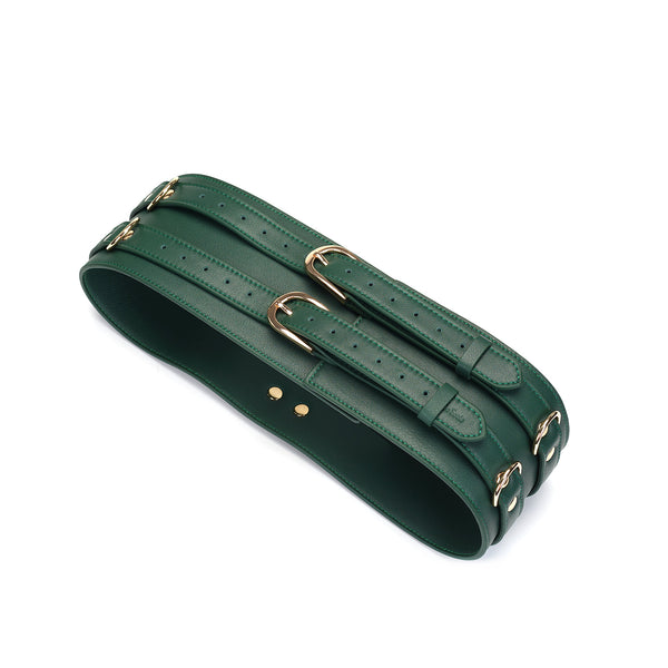 Mossy Chic leather bondage waist belt with gold buckles and three D-rings for BDSM accessories