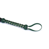 Close-up of Mossy Chic Heavy Leather Flogger with studded green handle and leather wrist loop for BDSM play