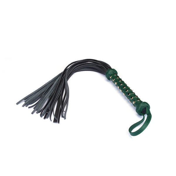 Mossy Chic heavy leather flogger with studded handle for BDSM, premium green and gold leather bondage accessory