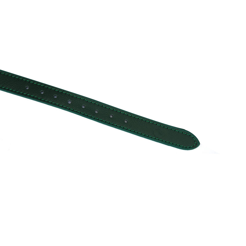 Close-up of green leather blindfold strap with buckle holes for adjustable fitting, part of the Mossy Chic collection
