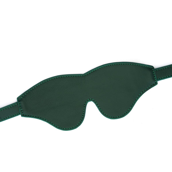 Mossy Chic Leather Blindfold in green with adjustable gold buckle for sensory deprivation play