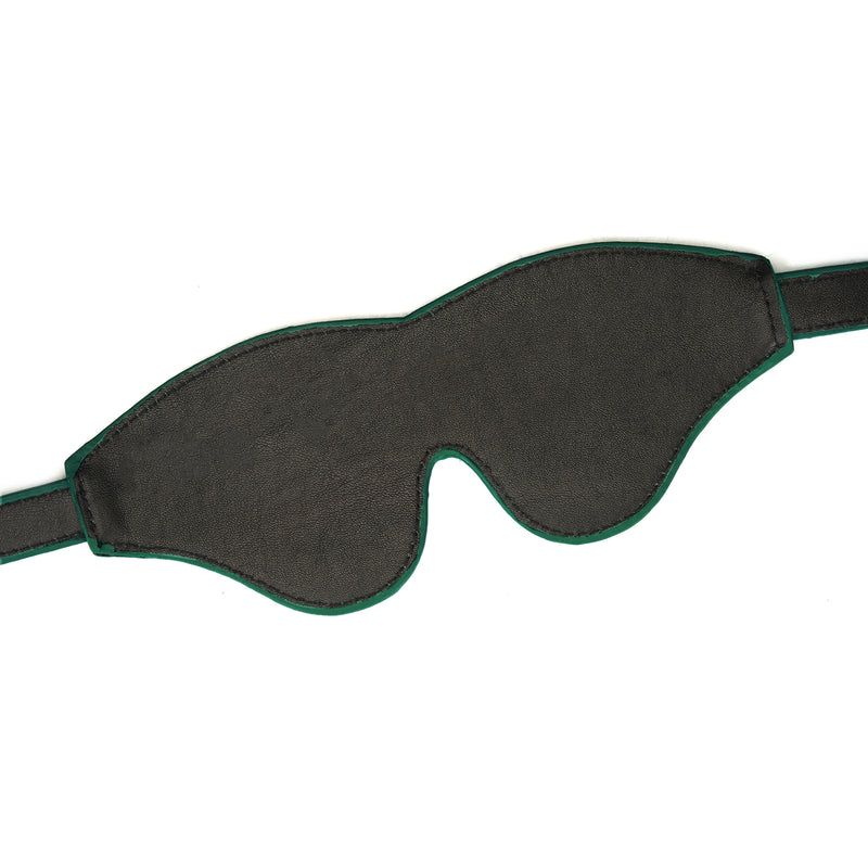 Mossy Chic high-quality leather blindfold with adjustable strap for sensory deprivation play, featuring luxurious leather and meticulous green stitching