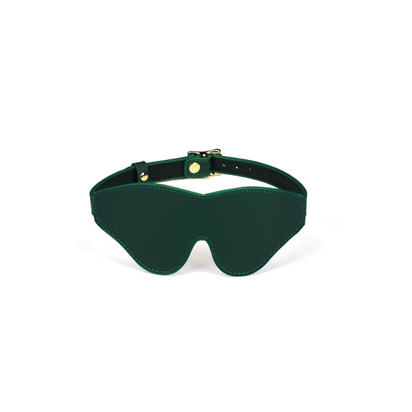 Mossy Chic Leather Blindfold in green with adjustable gold buckles for sensory deprivation and erotic play.
