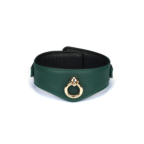 Mossy Chic green leather bondage collar with gold buckle and ring, adjustable for BDSM roleplay