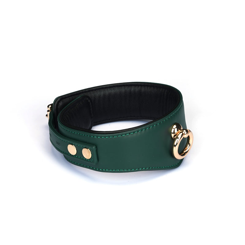 Mossy Chic green leather slave collar with gold metal buckles and ring for BDSM play