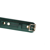 Mossy Chic Leather Collar segment featuring green leather and gold metal buckle for BDSM roleplay scenarios
