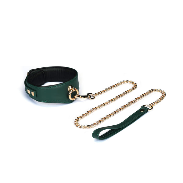 Mossy Chic Leather Collar with gold chain leash for BDSM play, showcasing luxurious green leather and gold metal hardware