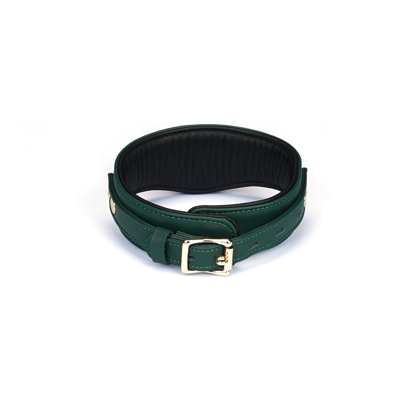Mossy Chic green leather slave collar with gold buckle for BDSM play