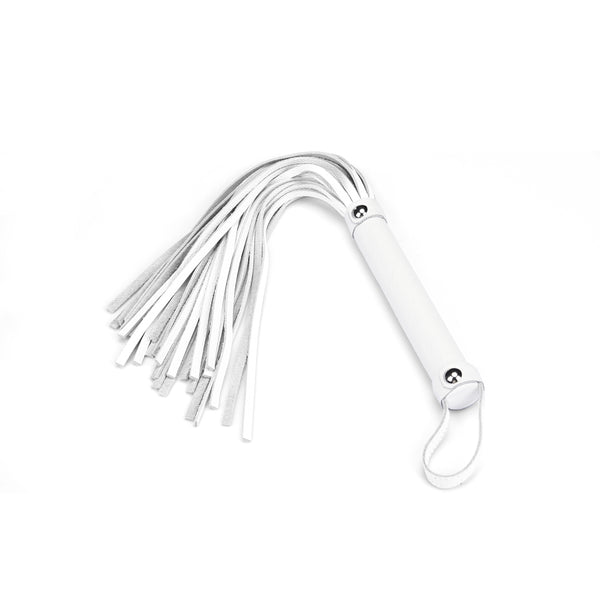 Fuji White leather flogger whip with slender dangling fronds and looped handle, ideal for beginner bondage play