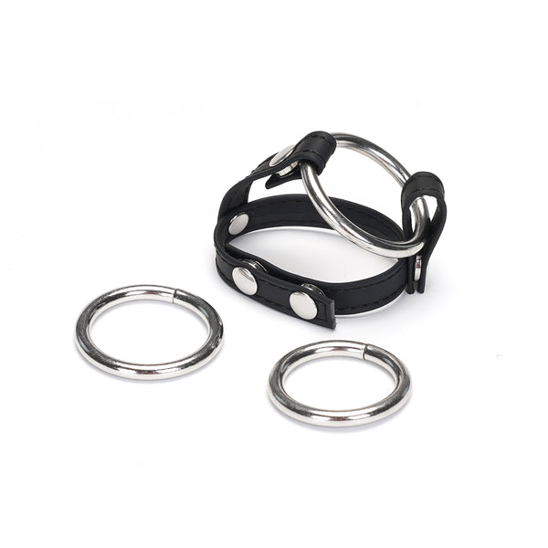Vegan faux leather cock ring with three interchangeable metallic rings, adjustable strap with popper fastenings, black, from LIEBE SEELE Vegan Fetish collection