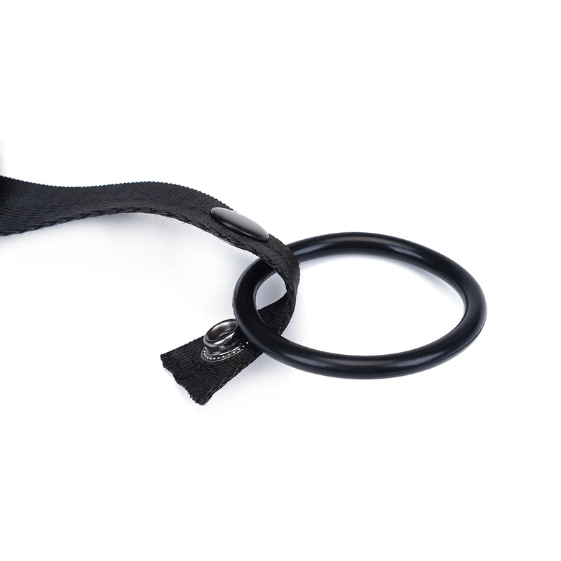 Vegan leather strap-on harness with enhancer ring for pegging, adjustable and compatible with various toys