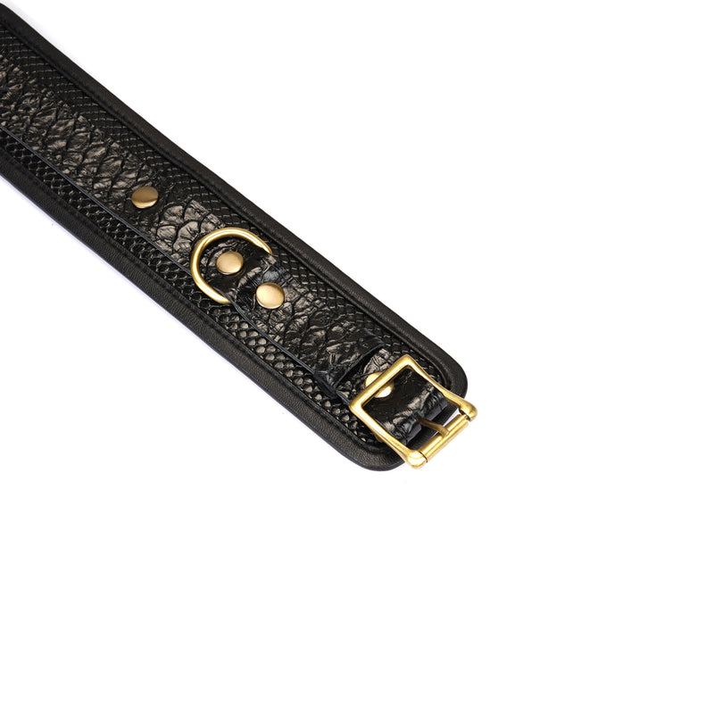 Crocodile Noir: Black Leather Wrist Cuffs with Bronze Hardware