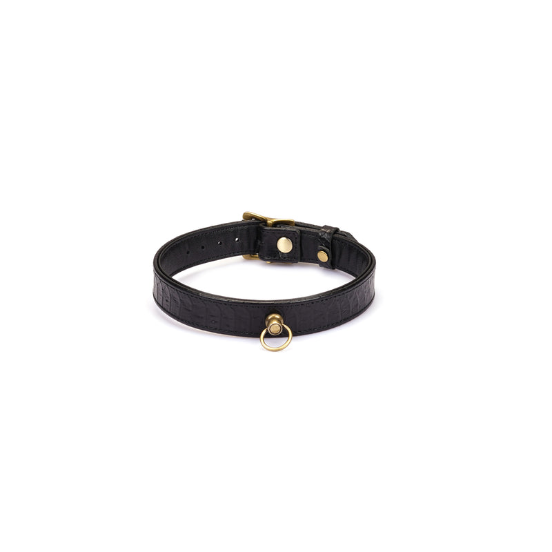 Crocodile Noir: Black Leather Collar with Chain Leash