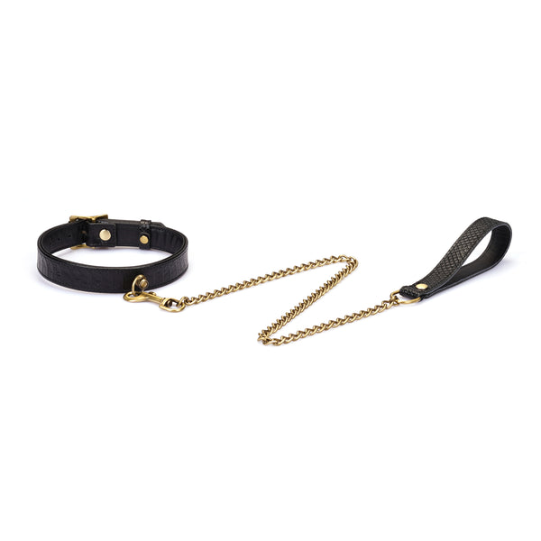 Crocodile Noir: Black Leather Collar with Chain Leash