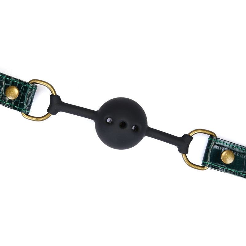 Limited Edition: Crocodile-effect Dark Green-Silicone Ball Gag (1.7 inch diameter) with Leather Straps