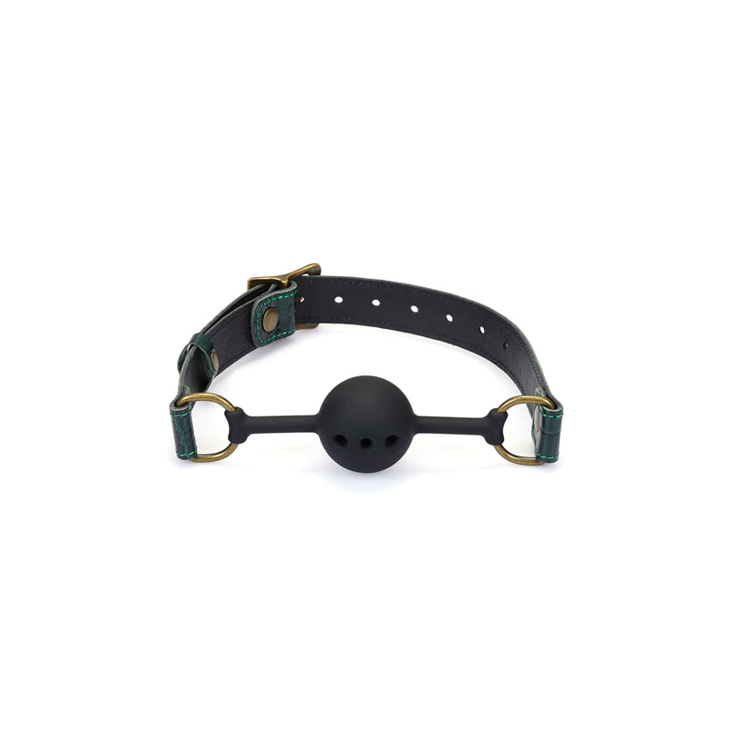 Limited Edition: Crocodile-effect Dark Green-Silicone Ball Gag (1.7 inch diameter) with Leather Straps