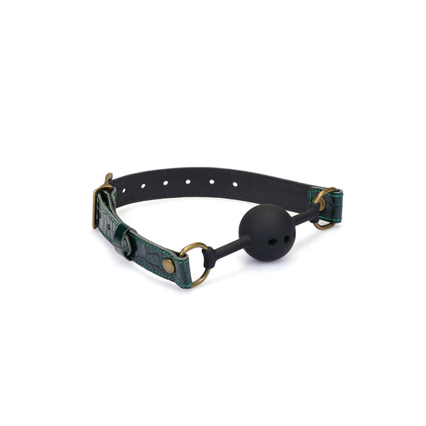 Limited Edition: Crocodile-effect Dark Green-Silicone Ball Gag (1.7 inch diameter) with Leather Straps