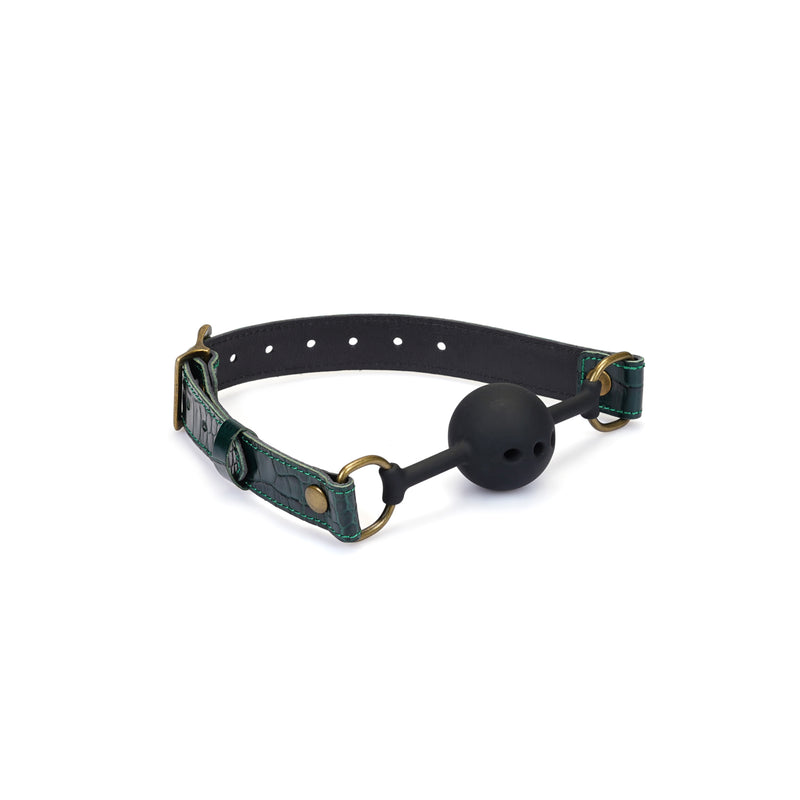 Limited Edition: Crocodile-effect Dark Green-Silicone Ball Gag (1.7 inch diameter) with Leather Straps