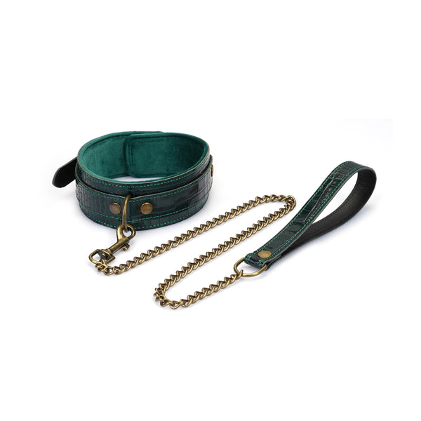 Limited Edition: Crocodile-effect Dark Green- Leather Collar with Chain Leash