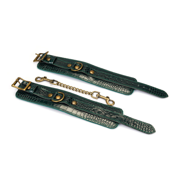 Limited Edition: Crocodile-effect Dark Green - Leather Handcuffs with Bronze Hardware