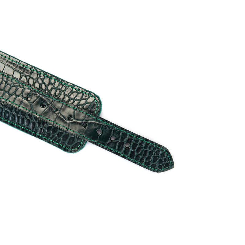Limited Edition: Crocodile-effect Dark Green - Leather Handcuffs with Bronze Hardware