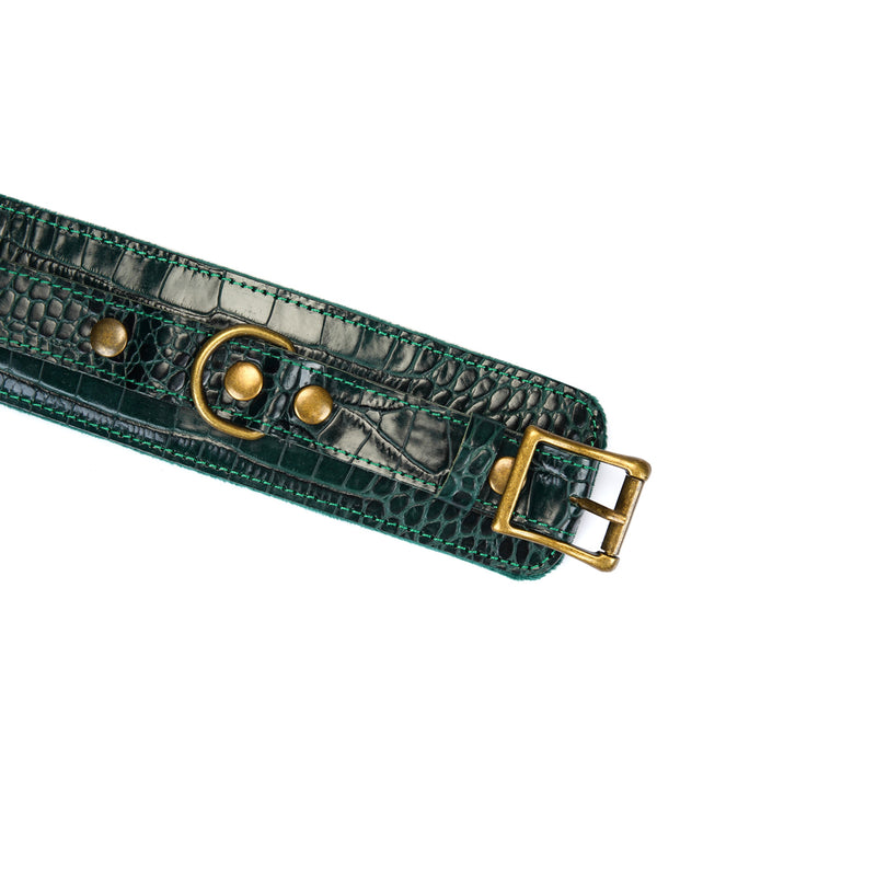 Limited Edition: Crocodile-effect Dark Green - Leather Handcuffs with Bronze Hardware