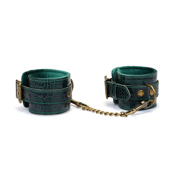 Limited Edition: Crocodile-effect Dark Green - Leather Handcuffs with Bronze Hardware