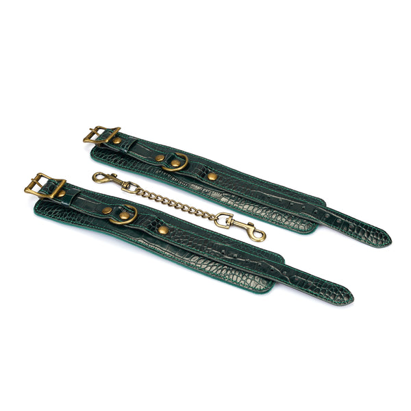 Limited Edition: Crocodile-effect Dark Green - Leather Ankle Cuffs with Bronze Hardware