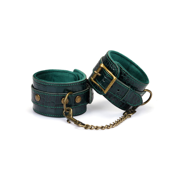 Limited Edition: Crocodile-effect Dark Green - Leather Ankle Cuffs with Bronze Hardware