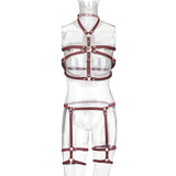 Burgundy Leather Full-Body Harness Set with Rose Gold Hardware