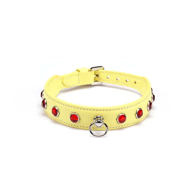 Liebe Seele premium leather choker with diamonds in yellow, featuring red stones and silver hardware for fashion and bondage wear