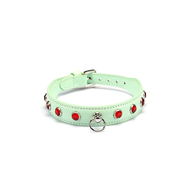 Liebe Seele premium green leather choker with red diamonds and metal ring for fashion and bondage play
