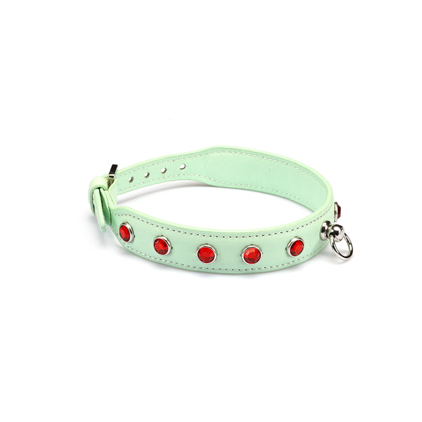 Liebe Seele premium leather choker with red diamonds and metal ring in green, adjustable SM fashion accessory