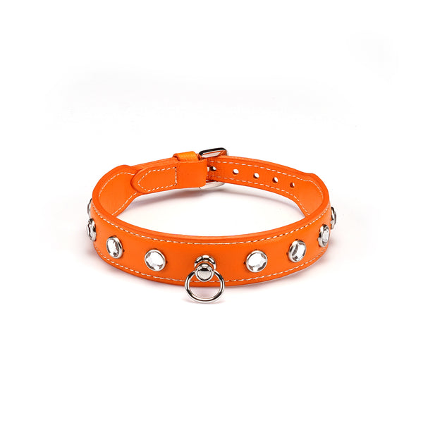 Liebe Seele premium orange leather choker with shiny diamonds and silver details for fashion and SM play