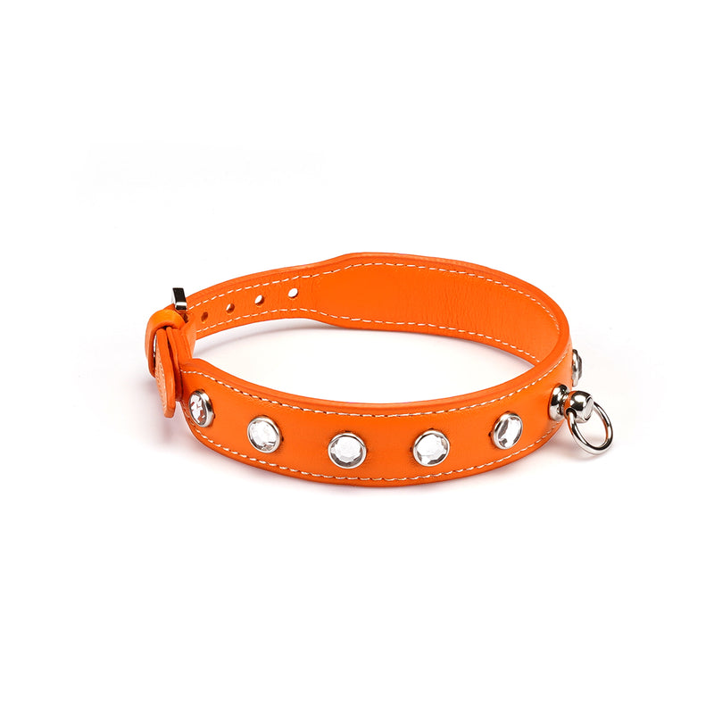 Liebe Seele premium orange leather choker with diamonds, fashion accessory for dopamine dressing trend and SM plays
