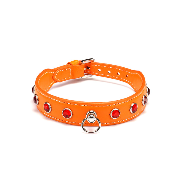 Liebe Seele premium orange leather choker with diamonds, featuring a metal ring, suitable for fashion and SM play