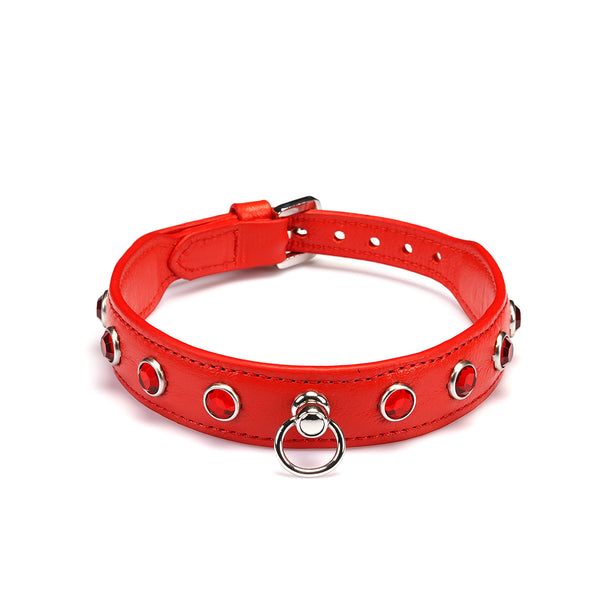 Liebe Seele premium leather choker with diamonds in red, ideal for fashion and BDSM play