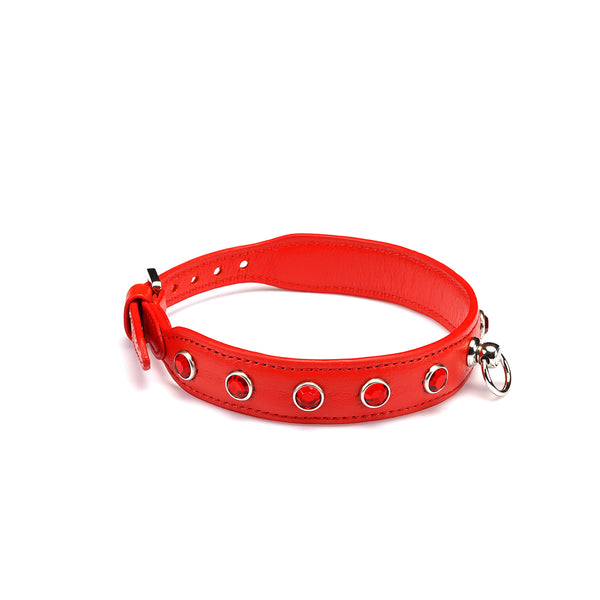 Liebe Seele Premium Leather Choker with Diamonds Red, featuring shiny studs and metal ring, adjustable for fashion and bondage play