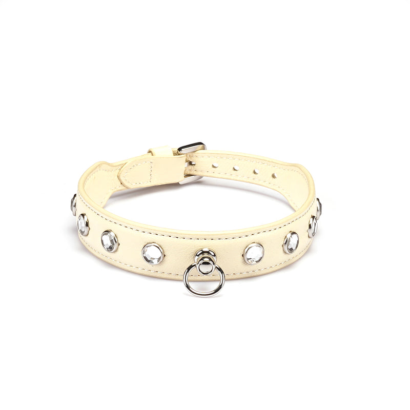 Liebe Seele premium ivory white leather choker with diamonds and adjustable buckle, suitable for fashion and SM play