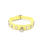 Bright yellow Liebe Seele leather choker with clear gemstones and central metal ring, adjustable for stylish fashion and playful bondage wear