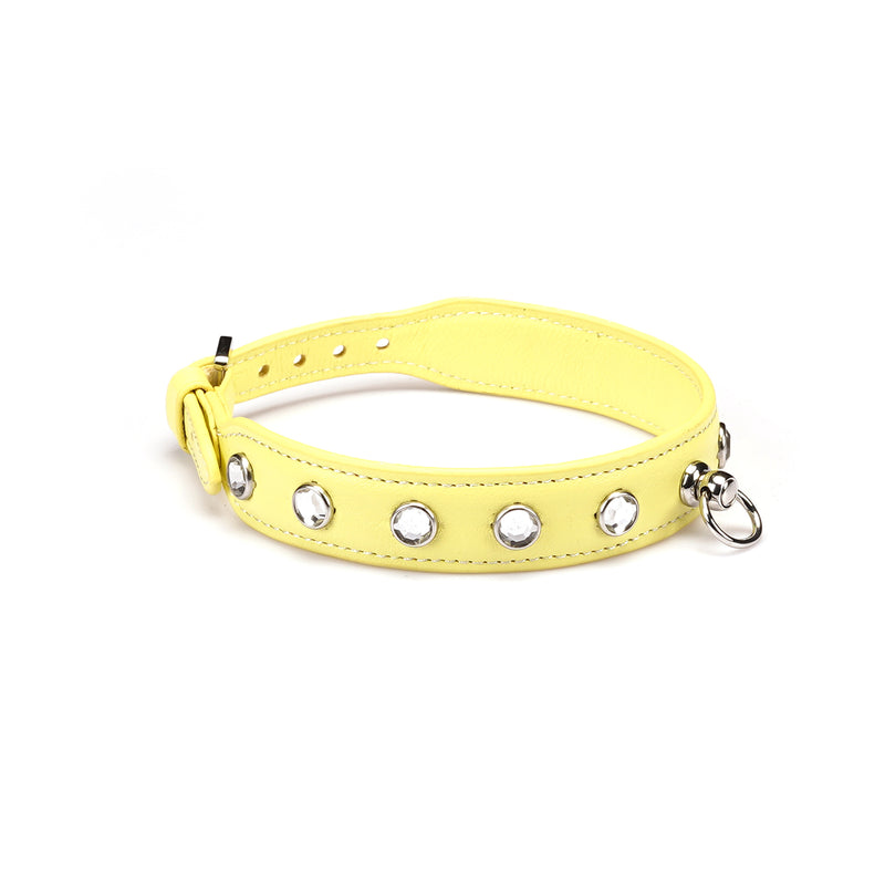 Yellow premium leather choker featuring clear crystal embellishments and silver D-ring for fashion-forward style and versatile use in bondage