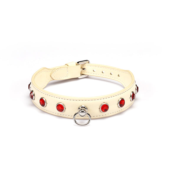 Liebe Seele premium ivory white leather choker with red diamonds and metal ring, adjustable for fashion and SM play
