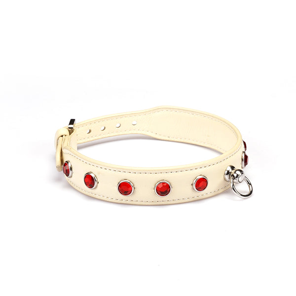 Liebe Seele ivory white leather choker with red diamond accents and silver buckle for fashion and BDSM play